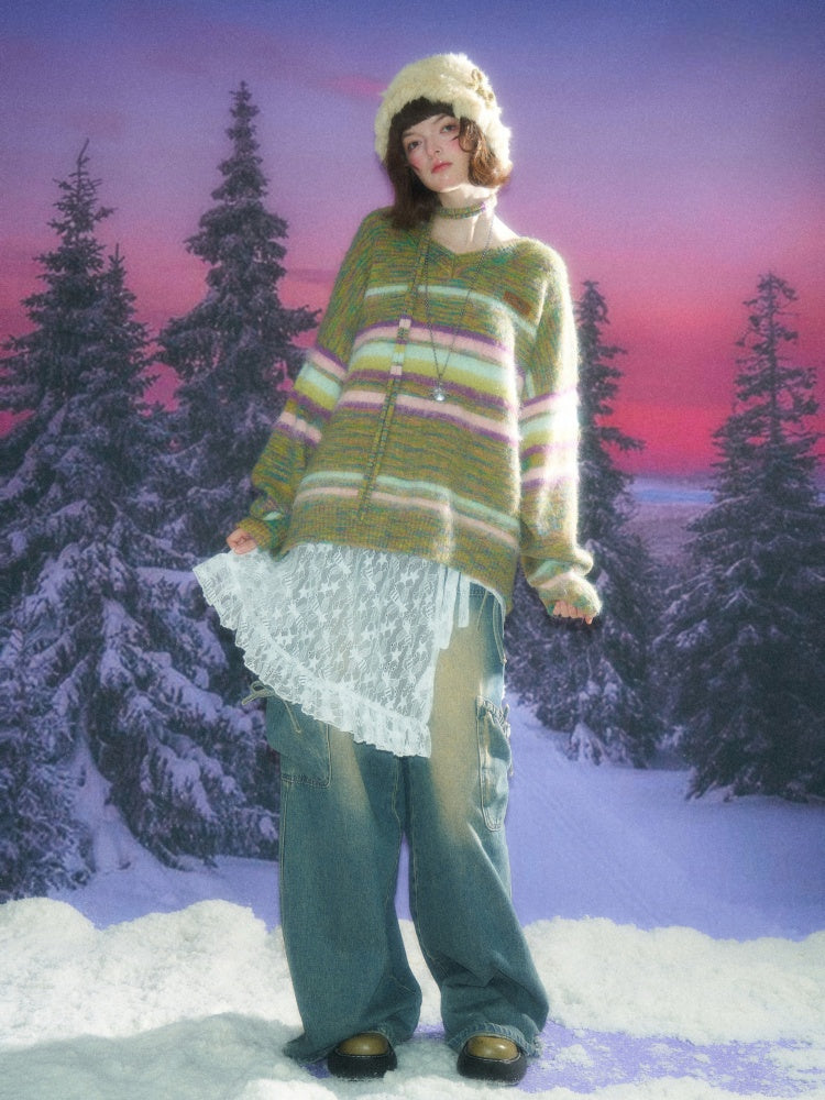 American Retro Color-Blocking Striped Soft Glutinous Lazy Style V-Neck Sweater【s0000014768】