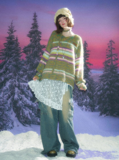 American Retro Color-Blocking Striped Soft Glutinous Lazy Style V-Neck Sweater【s0000014768】
