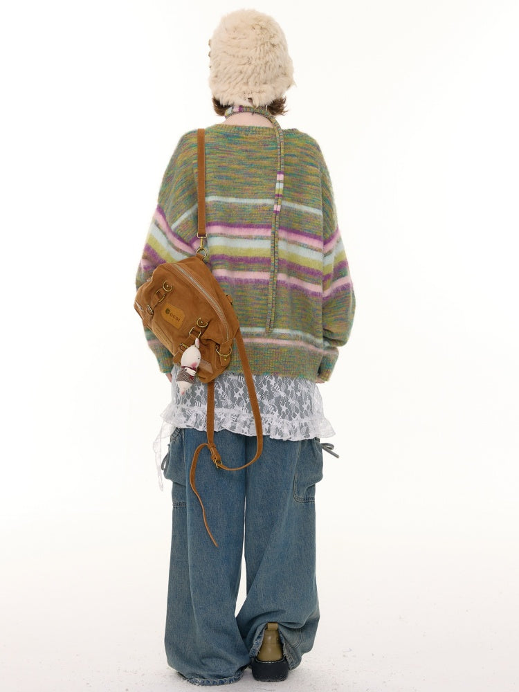 American Retro Color-Blocking Striped Soft Glutinous Lazy Style V-Neck Sweater【s0000014768】