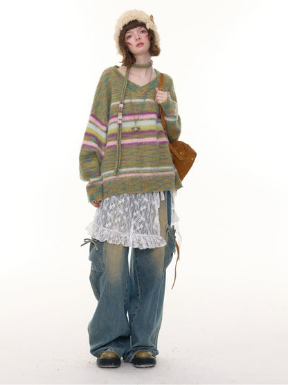 American Retro Color-Blocking Striped Soft Glutinous Lazy Style V-Neck Sweater【s0000014768】