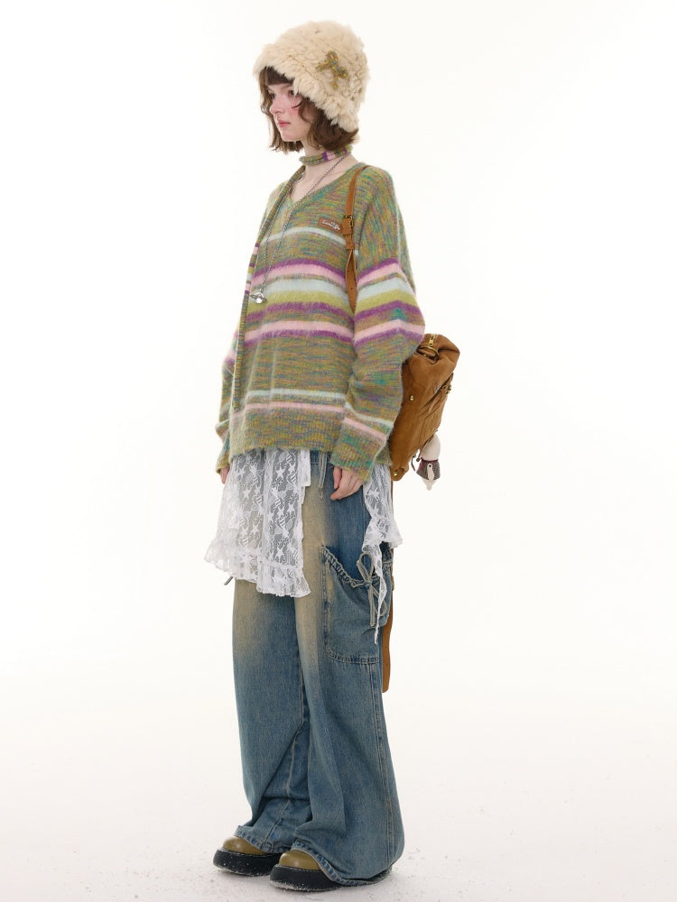 American Retro Color-Blocking Striped Soft Glutinous Lazy Style V-Neck Sweater【s0000014768】