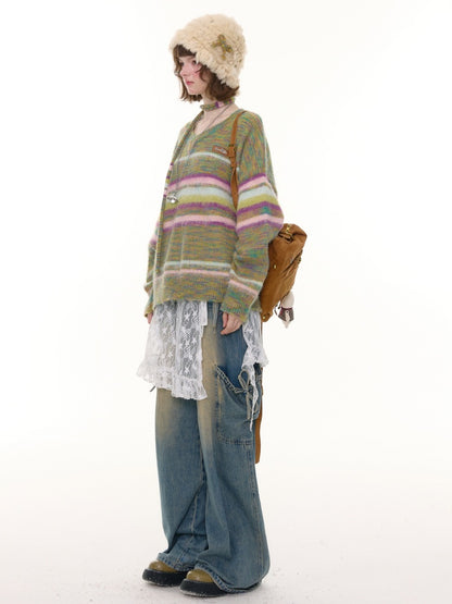 American Retro Color-Blocking Striped Soft Glutinous Lazy Style V-Neck Sweater【s0000014768】