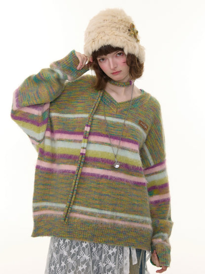American Retro Color-Blocking Striped Soft Glutinous Lazy Style V-Neck Sweater【s0000014768】