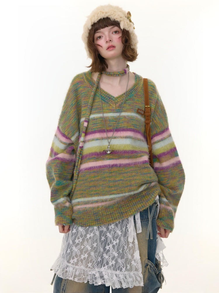 American Retro Color-Blocking Striped Soft Glutinous Lazy Style V-Neck Sweater【s0000014768】