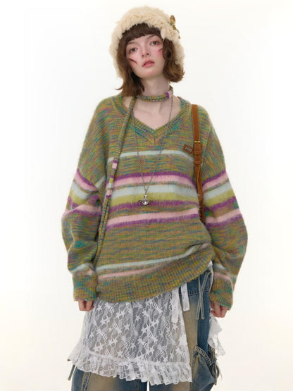 American Retro Color-Blocking Striped Soft Glutinous Lazy Style V-Neck Sweater【s0000014768】