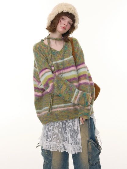 American Retro Color-Blocking Striped Soft Glutinous Lazy Style V-Neck Sweater【s0000014768】