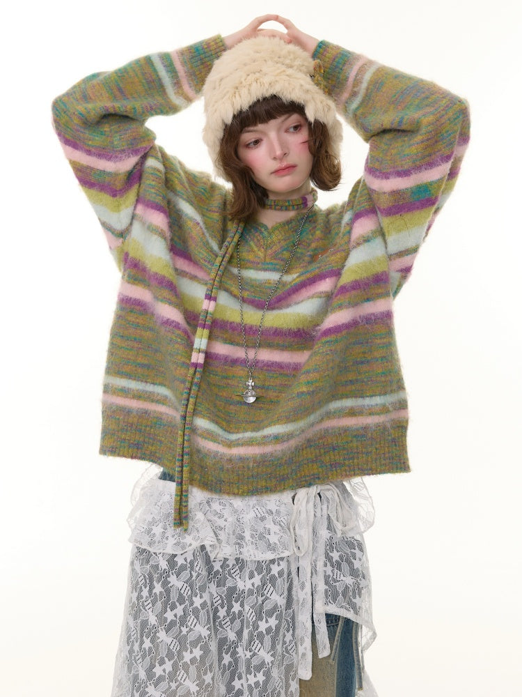 American Retro Color-Blocking Striped Soft Glutinous Lazy Style V-Neck Sweater【s0000014768】