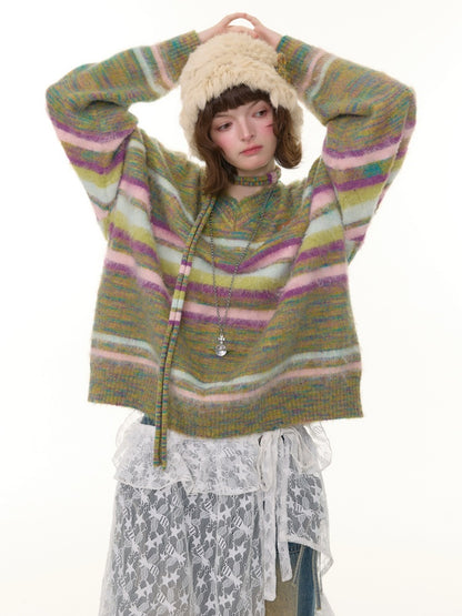 American Retro Color-Blocking Striped Soft Glutinous Lazy Style V-Neck Sweater【s0000014768】