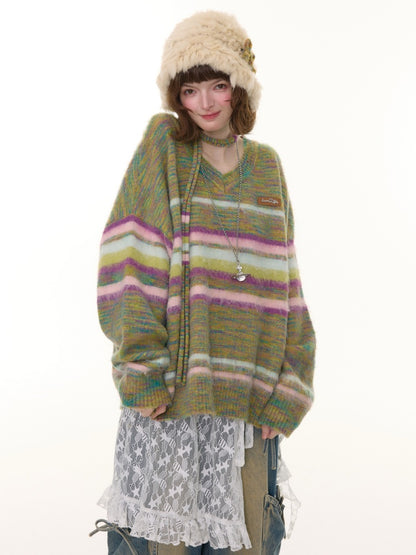 American Retro Color-Blocking Striped Soft Glutinous Lazy Style V-Neck Sweater【s0000014768】