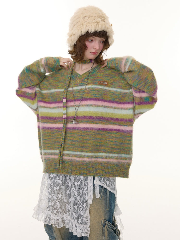 American Retro Color-Blocking Striped Soft Glutinous Lazy Style V-Neck Sweater【s0000014768】