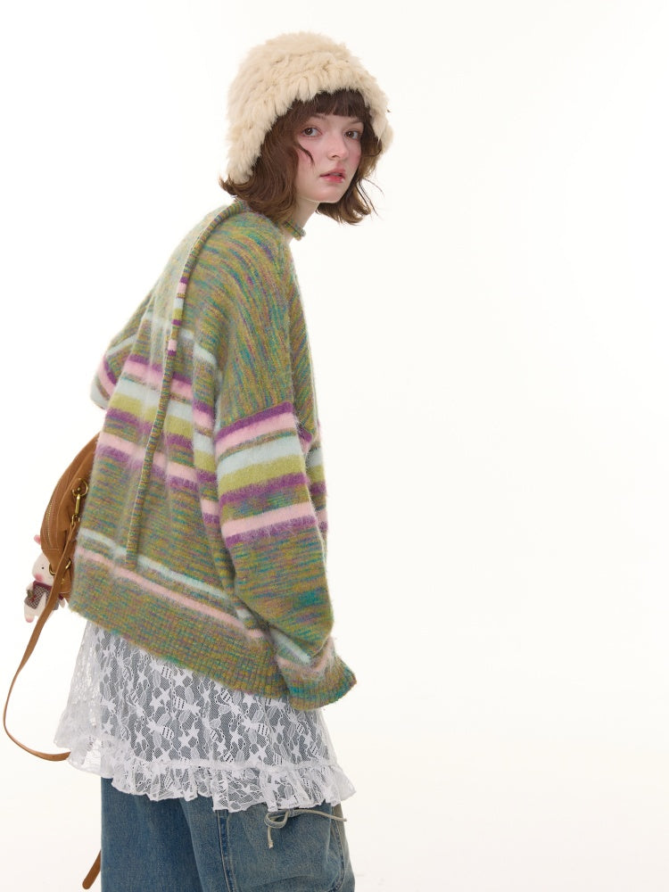 American Retro Color-Blocking Striped Soft Glutinous Lazy Style V-Neck Sweater【s0000014768】