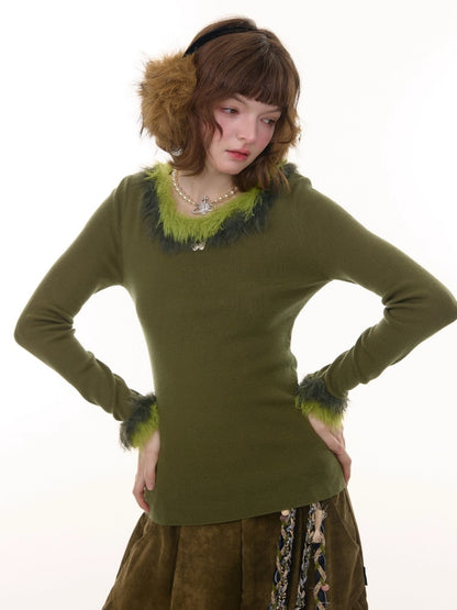 American Retro Design Sense Large Crew Neck Fur Collar Slim Knitted Sweater【s0000014769】