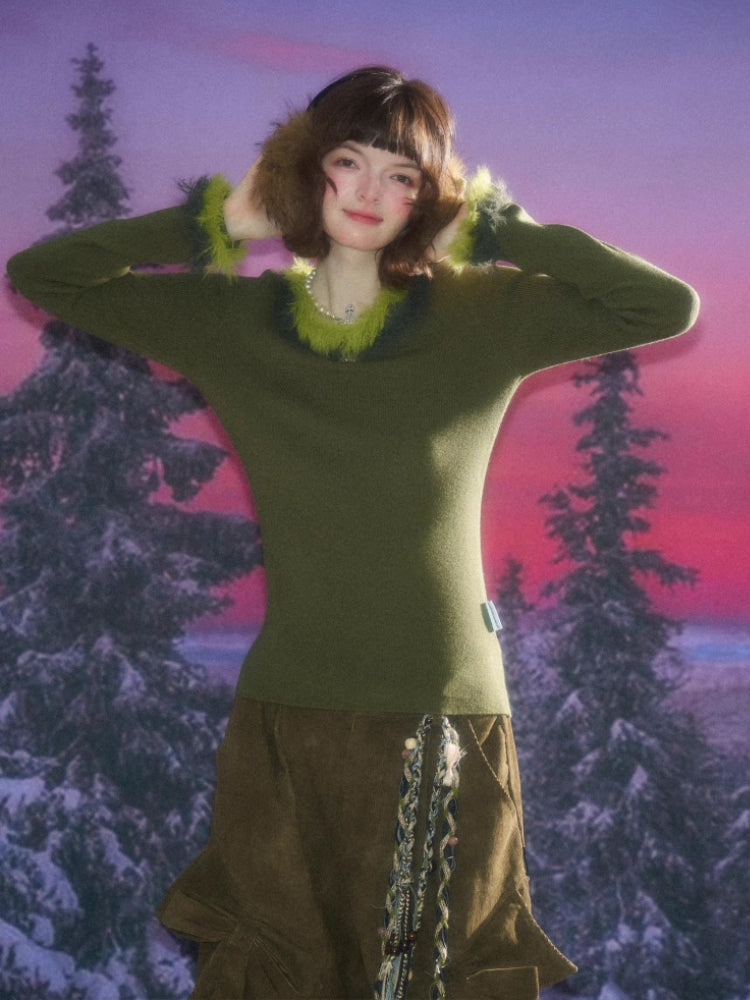 American Retro Design Sense Large Crew Neck Fur Collar Slim Knitted Sweater【s0000014769】