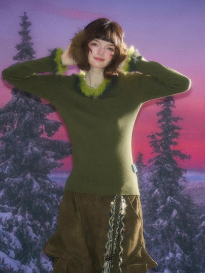 American Retro Design Sense Large Crew Neck Fur Collar Slim Knitted Sweater【s0000014769】