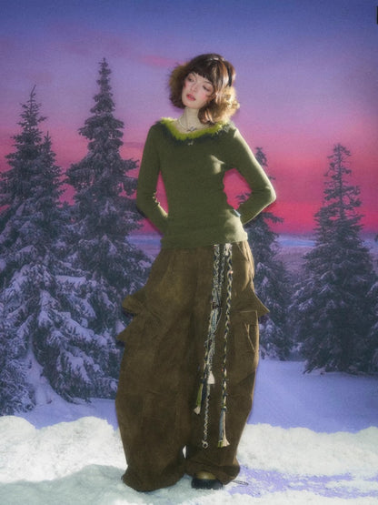 American Retro Design Sense Large Crew Neck Fur Collar Slim Knitted Sweater【s0000014769】