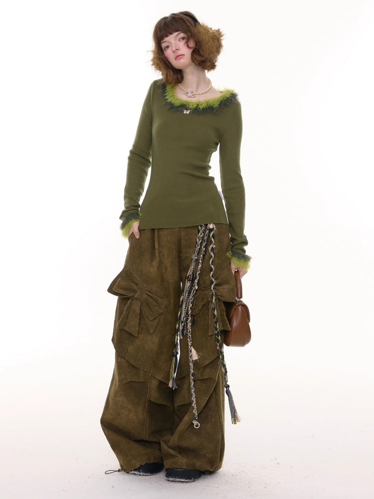 American Retro Design Sense Large Crew Neck Fur Collar Slim Knitted Sweater【s0000014769】