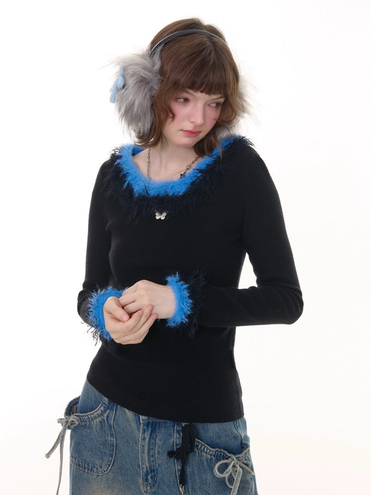 American Retro Design Sense Large Crew Neck Fur Collar Slim Knitted Sweater【s0000014769】