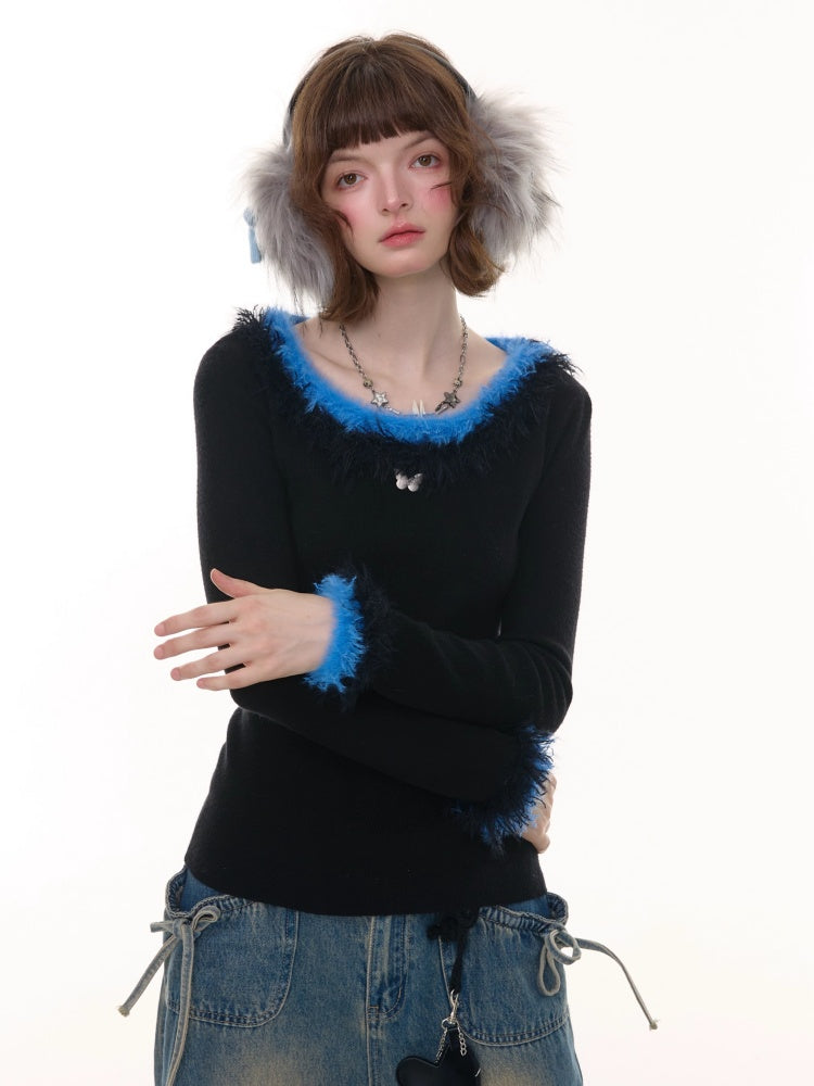 American Retro Design Sense Large Crew Neck Fur Collar Slim Knitted Sweater【s0000014769】
