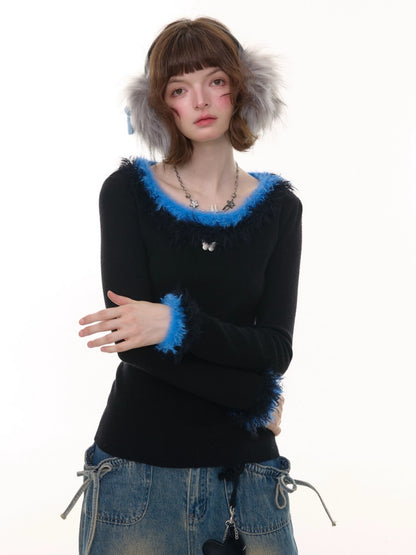 American Retro Design Sense Large Crew Neck Fur Collar Slim Knitted Sweater【s0000014769】