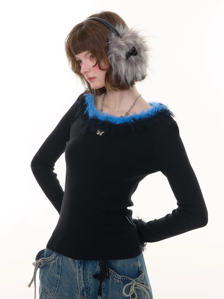 American Retro Design Sense Large Crew Neck Fur Collar Slim Knitted Sweater【s0000014769】