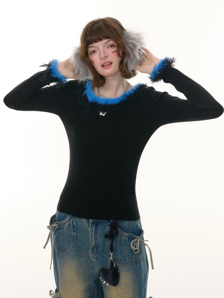 American Retro Design Sense Large Crew Neck Fur Collar Slim Knitted Sweater【s0000014769】