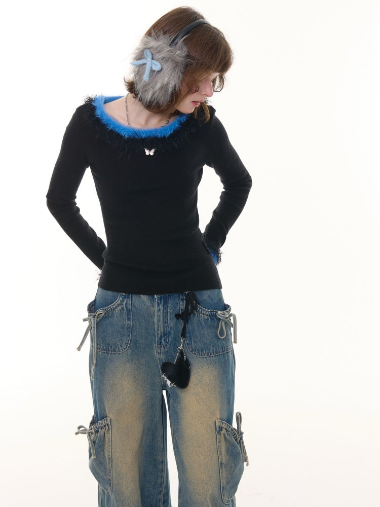 American Retro Design Sense Large Crew Neck Fur Collar Slim Knitted Sweater【s0000014769】