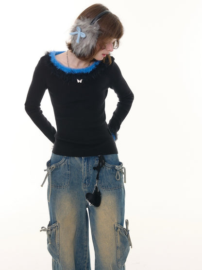American Retro Design Sense Large Crew Neck Fur Collar Slim Knitted Sweater【s0000014769】