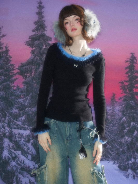 American Retro Design Sense Large Crew Neck Fur Collar Slim Knitted Sweater【s0000014769】