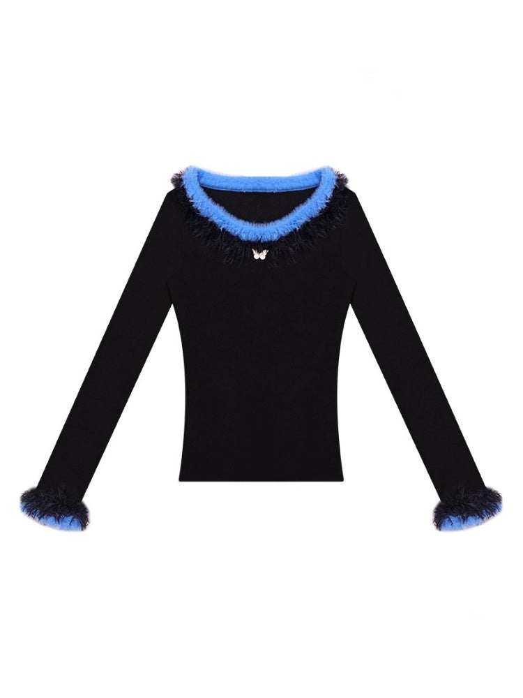 American Retro Design Sense Large Crew Neck Fur Collar Slim Knitted Sweater【s0000014769】