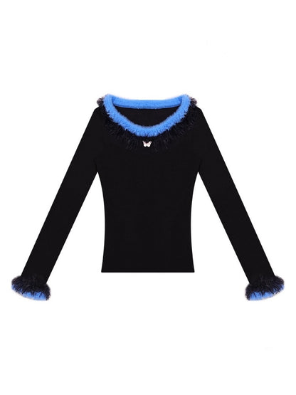 American Retro Design Sense Large Crew Neck Fur Collar Slim Knitted Sweater【s0000014769】