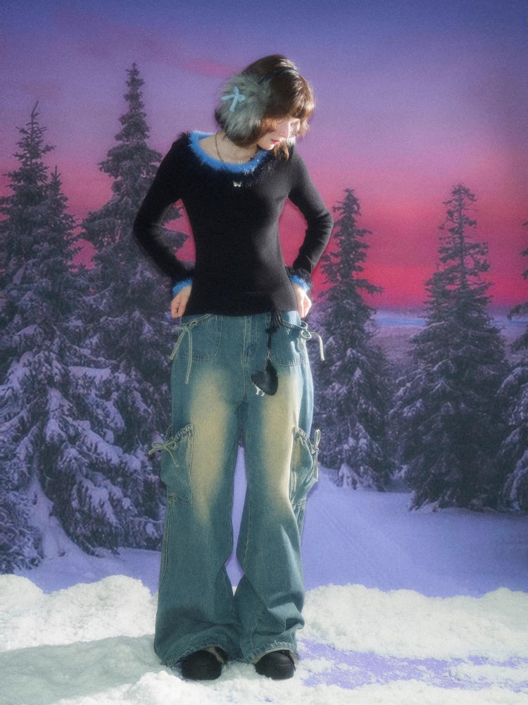 American Retro Design Sense Large Crew Neck Fur Collar Slim Knitted Sweater【s0000014769】