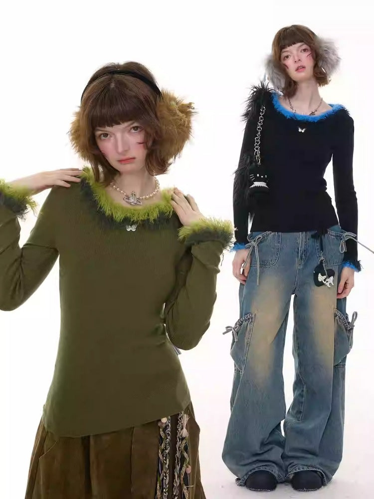 American Retro Design Sense Large Crew Neck Fur Collar Slim Knitted Sweater【s0000014769】