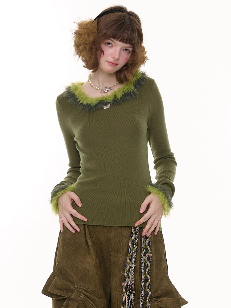 American Retro Design Sense Large Crew Neck Fur Collar Slim Knitted Sweater【s0000014769】