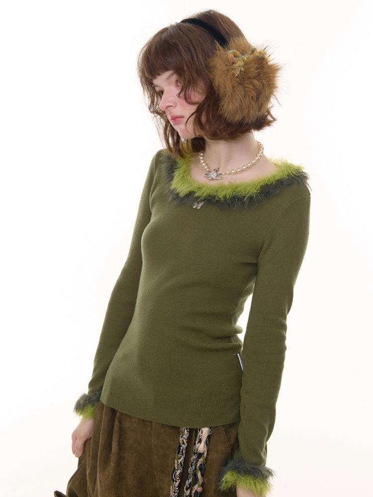 American Retro Design Sense Large Crew Neck Fur Collar Slim Knitted Sweater【s0000014769】