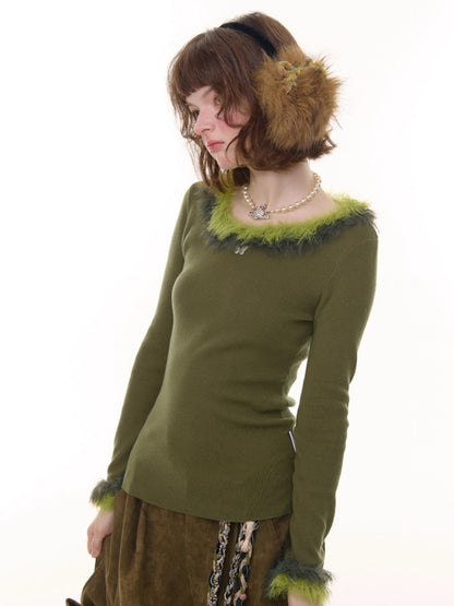 American Retro Design Sense Large Crew Neck Fur Collar Slim Knitted Sweater【s0000014769】