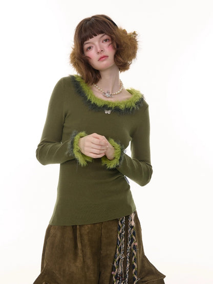 American Retro Design Sense Large Crew Neck Fur Collar Slim Knitted Sweater【s0000014769】