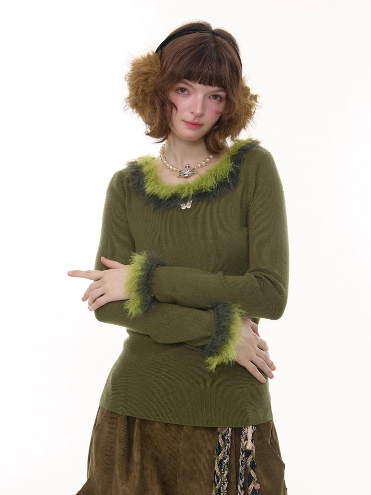 American Retro Design Sense Large Crew Neck Fur Collar Slim Knitted Sweater【s0000014769】