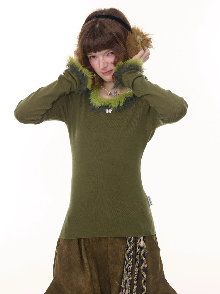 American Retro Design Sense Large Crew Neck Fur Collar Slim Knitted Sweater【s0000014769】