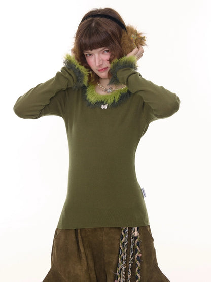 American Retro Design Sense Large Crew Neck Fur Collar Slim Knitted Sweater【s0000014769】