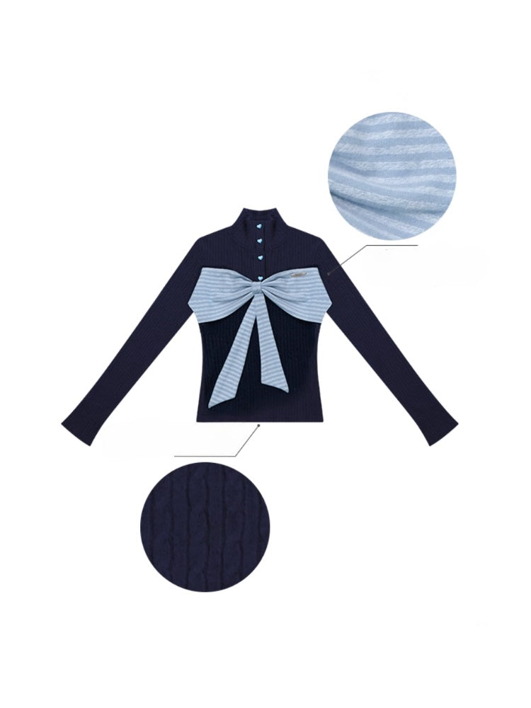 American Design Contrast Patchwork Bow Half Turtle Neck Long Sleeve T-Shirt Knitted Sweater【s0000014771】