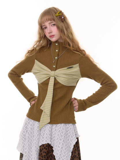 American Design Contrast Patchwork Bow Half Turtle Neck Long Sleeve T-Shirt Knitted Sweater【s0000014771】
