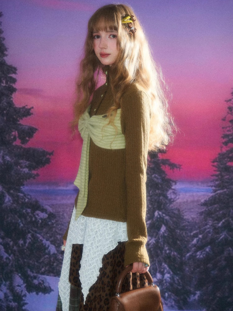American Design Contrast Patchwork Bow Half Turtle Neck Long Sleeve T-Shirt Knitted Sweater【s0000014771】