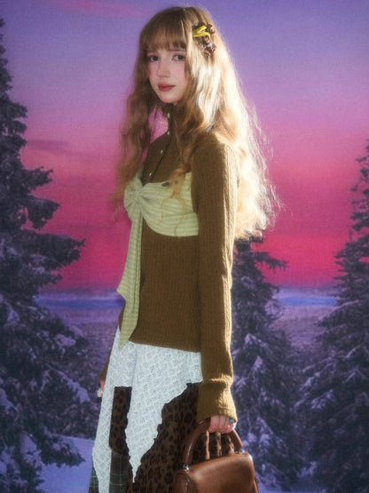 American Design Contrast Patchwork Bow Half Turtle Neck Long Sleeve T-Shirt Knitted Sweater【s0000014771】