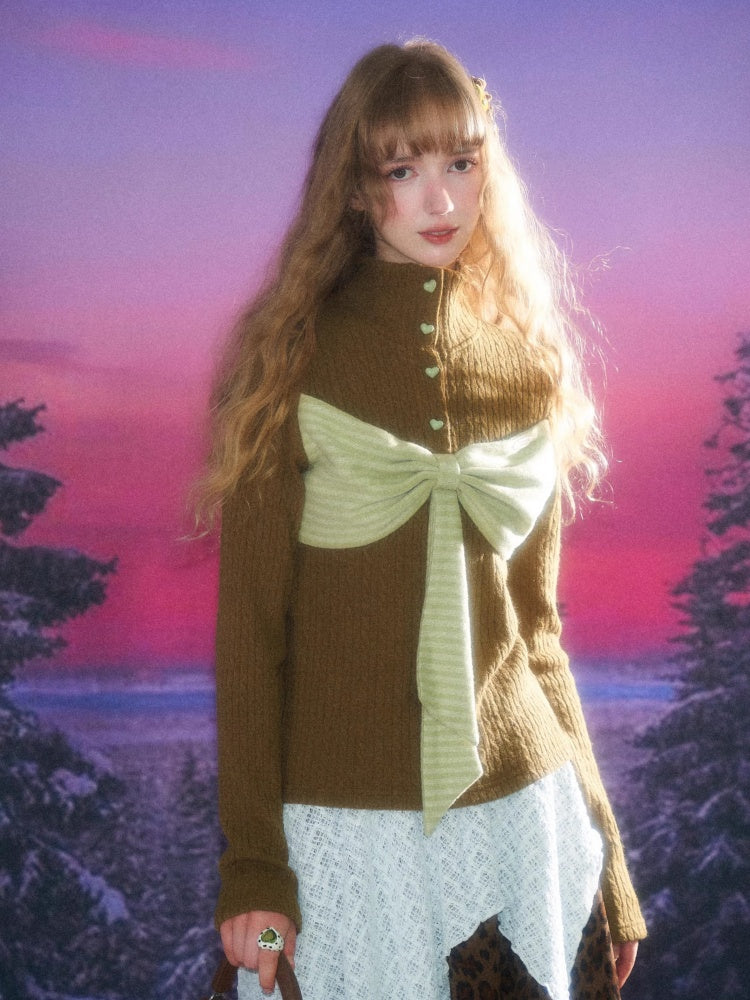 American Design Contrast Patchwork Bow Half Turtle Neck Long Sleeve T-Shirt Knitted Sweater【s0000014771】