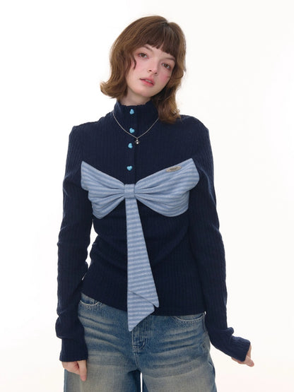 American Design Contrast Patchwork Bow Half Turtle Neck Long Sleeve T-Shirt Knitted Sweater【s0000014771】