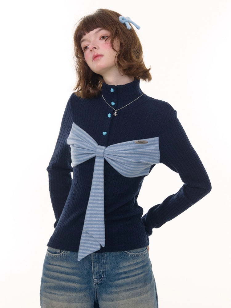 American Design Contrast Patchwork Bow Half Turtle Neck Long Sleeve T-Shirt Knitted Sweater【s0000014771】
