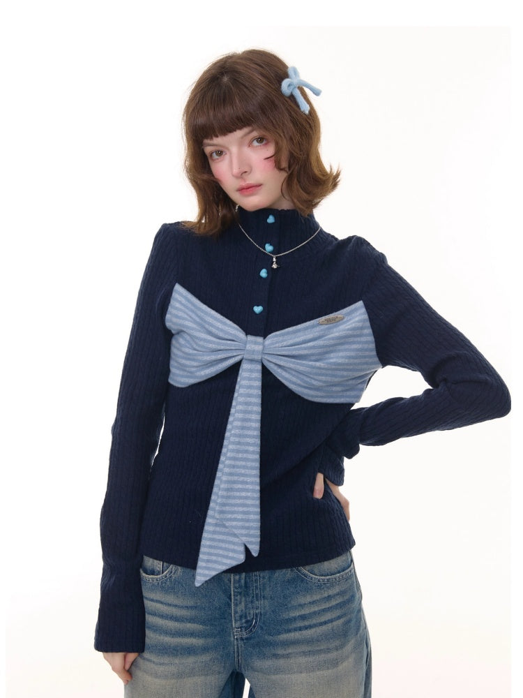 American Design Contrast Patchwork Bow Half Turtle Neck Long Sleeve T-Shirt Knitted Sweater【s0000014771】