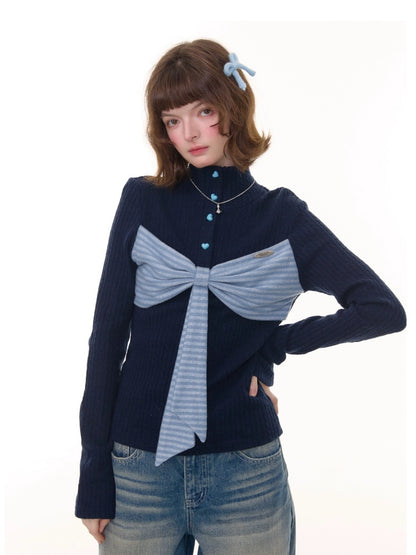 American Design Contrast Patchwork Bow Half Turtle Neck Long Sleeve T-Shirt Knitted Sweater【s0000014771】
