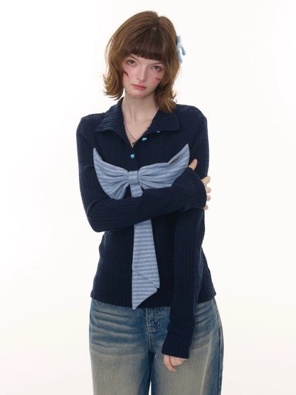 American Design Contrast Patchwork Bow Half Turtle Neck Long Sleeve T-Shirt Knitted Sweater【s0000014771】