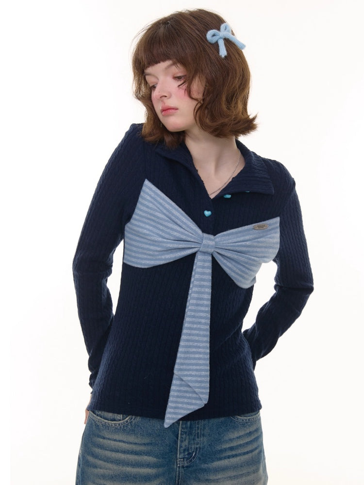 American Design Contrast Patchwork Bow Half Turtle Neck Long Sleeve T-Shirt Knitted Sweater【s0000014771】